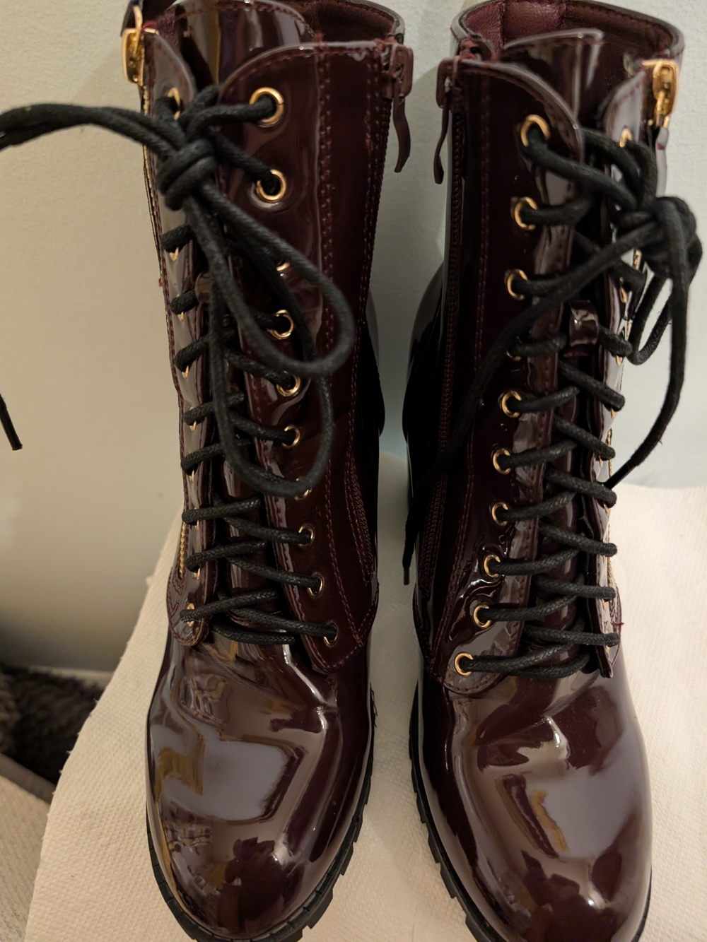 Fashion Nova  Burgundy Patent Lace-Up Combat Boots with Gold Hardware Zippers